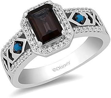 Jewelili Enchanted Disney Fine Jewelry Sterling Silver 7x5 MM Octagon Smokey Quartz and 1.5 MM Cabochon Round Turquoise with 1/5 Cttw Natural White Round Diamond Pocahontas Ring
