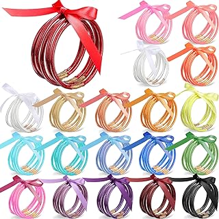 Kigeli 100 Pcs Jelly Bracelets for Women Set Glitter Filled Silicone Bracelets Glitter Jelly Bangle Bracelets Colorful Glitter Filled Jelly Bangle with Ribbon Bow for Girls Valentine's Day Party Gift