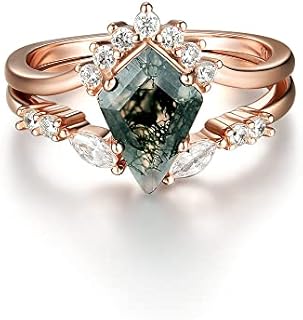 Natural Moss Agate Gemstone Genuine 925 Sterling Silver Ring for Women Kite Cut Women's Ring Set for Engagement Silver 925 Jewelry