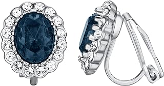 Yoursfs Sapphire Clip On Earrings for Women Platinum Plated Oval Halo Navy Crystal Antique CZ Earring