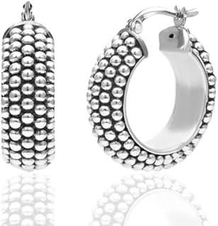 LeCalla 925 Sterling Silver Bali-Style Hoop Earrings Lightweight Click-Top Antique Two-Tone Beaded Italian Bali Style Earring Hoops for Women