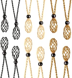 12-Piece Set of Versatile Crystal Cage Stone Holders with Adjustable Hand-Woven Non-Metal Necklace Cords in Khaki, Coffee, and Black