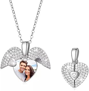 Custom CZ Heart Shape Locket Necklace Brass/925 Sterling Silver Personalized Angel Wings Picture Necklace Anniversary Photo Pendant Necklace Memorial Jewelry Valentines Gifts For Women