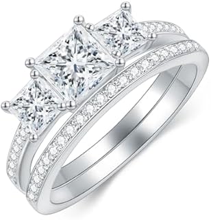 Princess Cut Wedding Ring Set for Women Platinum Plated Silver 3 Stone Moissanite Bridal Ring Set Engagement Ring Set White Gold Anniversary Promise Rings for Her