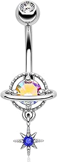 Melighting Belly Button Rings, 14G Dangle Belly Rings Stainless Steel, Planet Belly Piercing, Spaceship Belly Button Ring for Women, Moon Belly Piercing Jewelry
