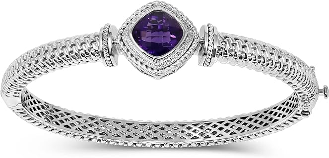 925 Sterling Silver Genuine Amethyst 3-5/8 Ct Cushion with Diamond Bangle Bracelet, Vintage Inspire, 7in length