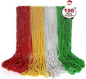 100PCS Christmas Necklace Accessories, Red Gold Green Silver Bead Necklace, 33" Christmas Necklaces Gifts Bulk Party Supplies, Christmas Decor for Xmas New Years Ugly Sweater Party