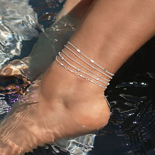 Foxgirl Gold Ankle Bracelets for Women,14k Gold Plated/Silver Anklets for Women Waterproof Layered CZ Leaf Beaded Cuban Chain Anklets Set Summer Beach Anklets for Women Teen Girls Gold Jewelry Gifts