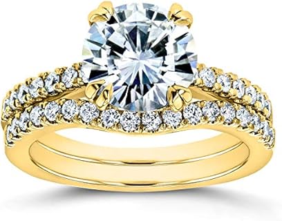 Canary Diamond Engagement Ring with Moissanite and Lab Grown Diamonds for Her in Round Design, 14K Yellow Gold, Kobelli Forever One Set