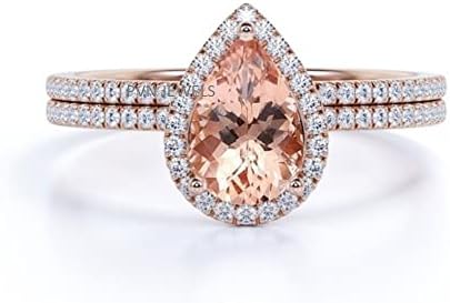 14K Rose Gold Over 925 Sterling Sliver Engagement Wedding Bridal Ring Set Pear Shaped Created Morganite