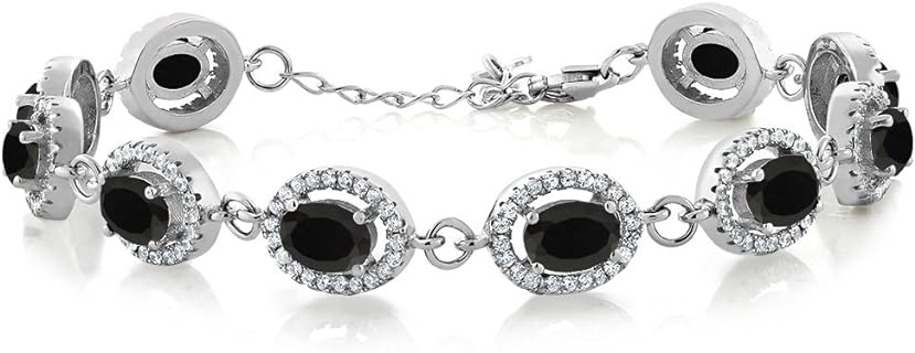925 Sterling Silver Black Onyx Bangle Bracelet with Lobster Claw Clasp for Women, Oval Cut Design