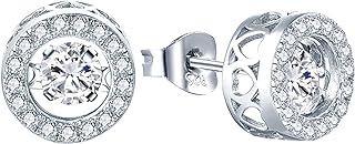 Green Diamond Stud Earrings with Sterling Silver Lever Back, Round Cubic Zirconia Gems for Women, Halo Design