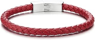 COOLSTEELANDBEYOND Unisex Mens Women Thin Red Braided Leather Bracelet Leather Bangle Wristband, Steel Magnetic Clasp