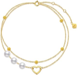 Women's 14K Gold Heart Anklet with Spring Ring Clasp, Box Chain & Cultured Pearl - 8" - 10" Adjustable Length