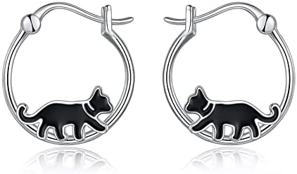 Black Cat Sterling Silver Hoop Earrings with Cubic Zirconia Embellishments, Hinged Hoop Back Finding for Women and Girls - Ideal Halloween Gift