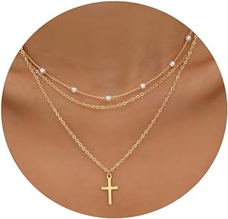 Lustrous 14K Gold Plated Layered Pearl Choker Necklace with Brass Cable Chain and Lobster Clasp for Women