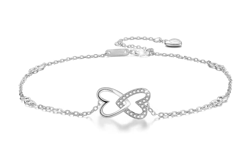 Trendy Double Heart Charm Bracelet with Sparkling CZ in 925 Sterling Silver Handmade Women Fine Jewelry - PremiumPearl