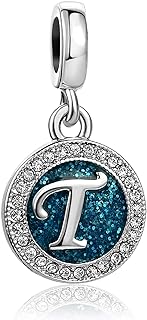 Personalized Sparkling Blue A-Z Initial Charm - Durable Copper Beaded Name Bracelet Compatible with Pandora, Chamilia & Biagi Bracelets