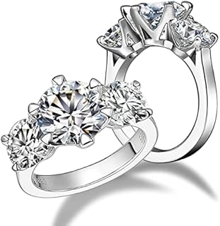 CannyCat 3-Stone 5cttw Certified Moissanite Diamond Engagement Ring in Platinum Plated Silver, Size 5.5 - Brilliant Cut, D-Color VVS Quality, Anniversary Wide Band