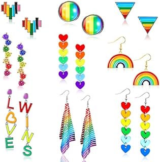 9 Pairs Rainbow Earrings Pride Earrings Rainbow Mesh Drop Clip on Earrings Lightweight Chain Rainbow Earrings Love Wins Dangle Post Earrings Round Heart Rainbow Drop Earrings for Women Girls Men