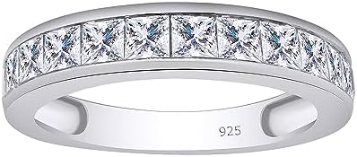 1 Carat 2.5MM Princess Cut Lab Created Moissanite Diamond Half Eternity Ring for Women In 14K Gold Over Sterling Silver Stackable Promise Wedding Band(VVS1 Clarity, 1.00 Cttw)