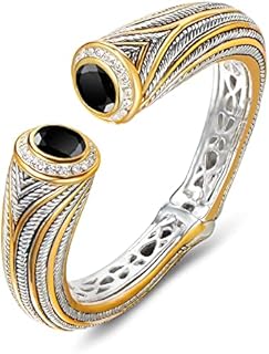 UNY Jewel Two-Tone Silver and Gold Plated Multi-Strand Cable Cuff Bangle with Spring Ring and Cubic Zirconia