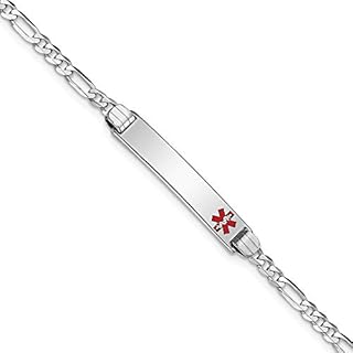 Jewels By Lux Engravable Personalized Custom 14K White Gold Medical Red Enamel Figaro Link ID Bracelet For Men or Women Length 8 inches Width 5.5 mm With Lobster Claw Clasp
