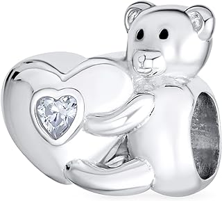 I Love You CZ Accent Red Heart Stuffed Animal Teddy Bear Hug Charm Bead For Women Teen Daughter Gold Plated .925 Sterling Silver Fits European Bracelet