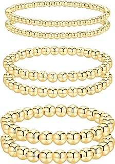 6PCS Gold Beaded Bracelet for Women 14K Gold Plated Bead Ball Bracelet Stackable Gold Bracelets for Women Adjustable Stretch Bracelets