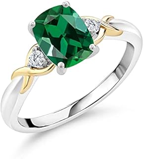 Gem Stone King 2 Tone 10K Yellow Gold and 925 Sterling Silver Green Created Emerald and White Lab Grown Diamond Engagement Ring For Women (1.18 Cttw, Available in Size 5,6,7,8,9)