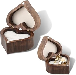 Vintage Heart-Shaped Engagement Ring Box in High-Quality Wood for Men and Women, Double-Slot Design by BXDOW