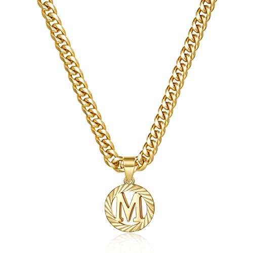 KissYan Gold Initial Necklace,14K Gold Plated Round Letter Pendant Hollow Capital Monogram 5mm Cuban Chain Necklace Alhpabets from A-Z Dainty Jewelry for Women Men Girls