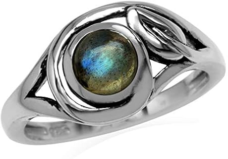Vintage-Inspired Leaf Design 6mm Round Labradorite Engagement Ring in 925 Sterling Silver for Women - Rhodium-plated and Size 4