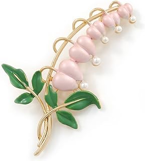 Baby Pink/Green Bleeding Hearts Flower Enamel Brooch In Gold Plating - 80mm L