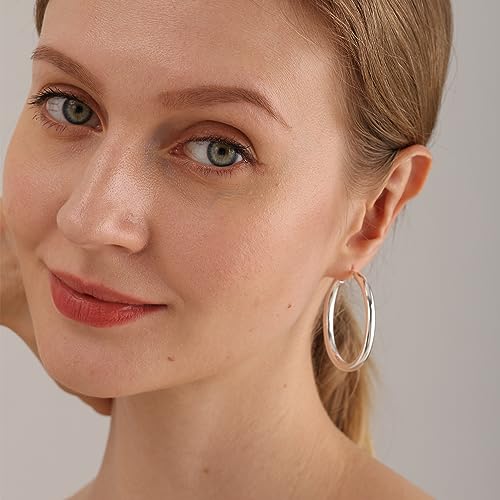 PRETOLE 925 Sterling Silver Hoop Earrings, Thick Oval Chunky Silver Hoop Earrings Hollow Tube Thick Silver Hoop Earrings Hypoallergenic Lightweight Large Silver Chunky Hoop Earrings for Women 30-50MM