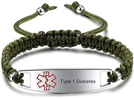 Lobster Claw Clasp, Type 1 Diabetes Alert ID Bracelet | Adjustable 6.0-8.5 Inches, Braided Rope Chain | Durable Nylon and Stainless Steel | For Diabetic Patients | Discreet & Stylish Design