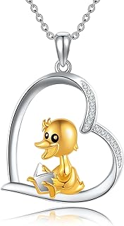 YAFEINI Duck Gifts Necklace 925 Sterling Silver Duck Reading Pendant Necklace Heart Duck Jewelry for Women Girls Duck Lovers Book Lovers Gifts (Duck-heart Necklace)