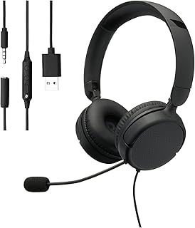 Amazon Basics Casque dordinateur filaire noir avec micro réglable, design pliable, son clair pour appels, et confort longue durée. Pour adultes et adolescents