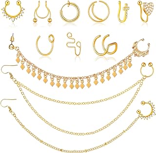 Versatile 12-Piece Stainless Steel Nose Ring Cuff & Chain Set for Women and Men - Non Piercing Junkin Fake Septum Chains in Gold
