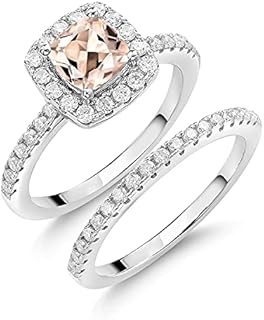 Gem Stone King 925 Sterling Silver Cushion Peach Morganite and Moissanite Wedding Engagement Ring Band Bridal Set For Women (1.34 Cttw, Gemstone Birthstone, Available In Size 5, 6, 7, 8, 9)