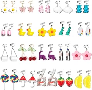 20 Pairs of Quirky Clip-On Earrings with Novelty Resin Designs for Women & Girls - Gummy Bear, Duck, Fish & More Dangles
