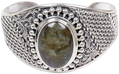 NOVICA Artisan Handmade Labradorite Cuff Bracelet Sterling Silver Grey Indonesia [6.25 in L (end to End) x 1.8 in W] ' Glorious'