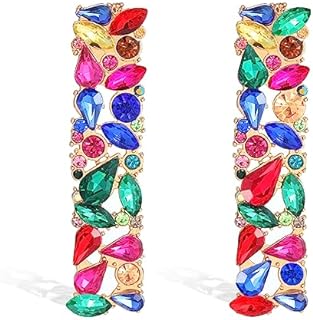 Iridescent Drop Earrings with Push Back, Rhinestone Gem for Women, Long Geometric Design