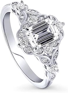 BERRICLE Sterling Silver Halo Wedding Engagement Rings Step Emerald Cut Cubic Zirconia CZ Art Deco Ring for Women, Rhodium Plated Size 4-10