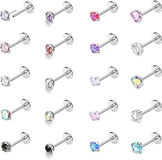 Threadless Stainless Steel Nose StudsSet with Cubic-Zirconia Gems - 20Pc Hypoallergenic, 18G 20G L Shaped & Screw - For Women & Men - Diverse Shapes & Designs