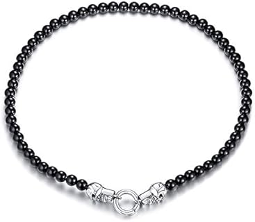 Rockyu Beads Necklace for Men black Onyx Beads 8MM Double Skull Ring Pendant Silver Stainless Steel 24 Inch Gemstone Jewelry