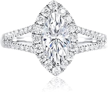 White Gold Plated Sterling Silver Moissanite Split Shank Ring, Marquise Cut Engagement Ring for Women