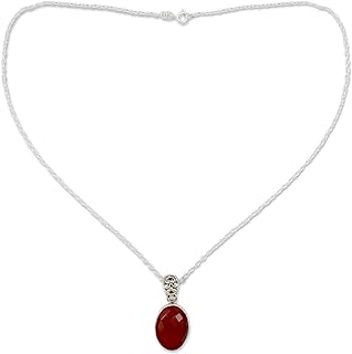 NOVICA Handmade .925 Sterling Silver Carnelian Pendant Necklace Artisan Red India Birthstone 'Radiant Facets'