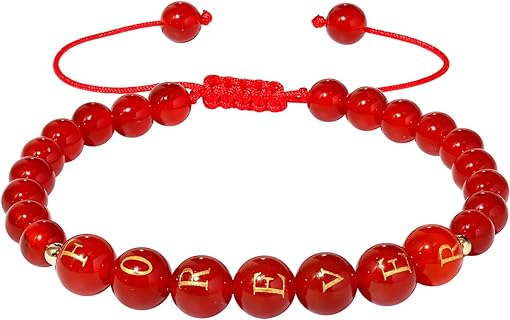 Natural Relieve Anxiety and Stress Red Agate Letter Beaded Bracelets Forever Bracelet for Women Adjustable Handmade Good Luck Charms Jewelry Amulet Love Gifts