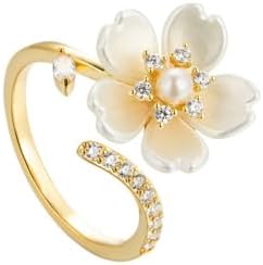 Kokoma Pearl Flower Open Statement Ring for Women Girls 14K Gold Filled Cubic Zirconia Leaf Wrap Finger Band Engagement Promise Ring Wedding Band Dainty Jewelry Gift